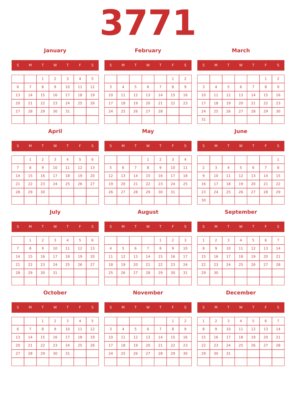 Printable 3771 Year Calendars red