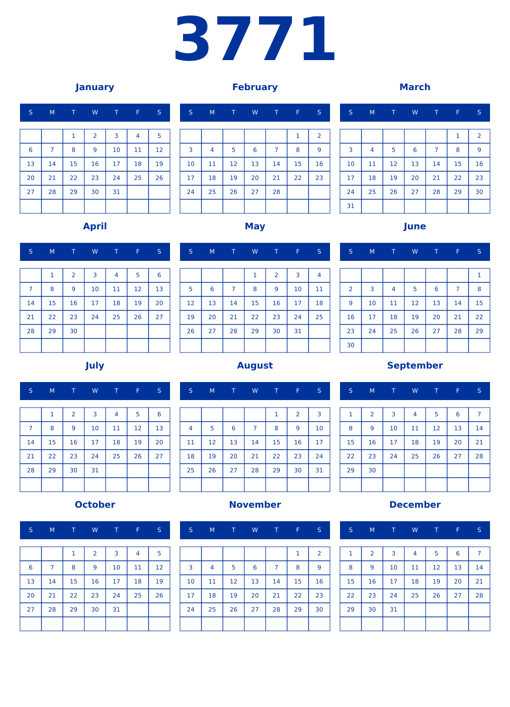 Printable 3771 Year Calendars smalt