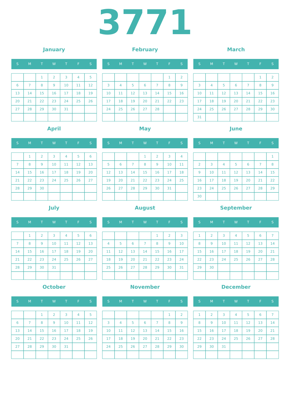 Printable 3771 Year Calendars verdigris