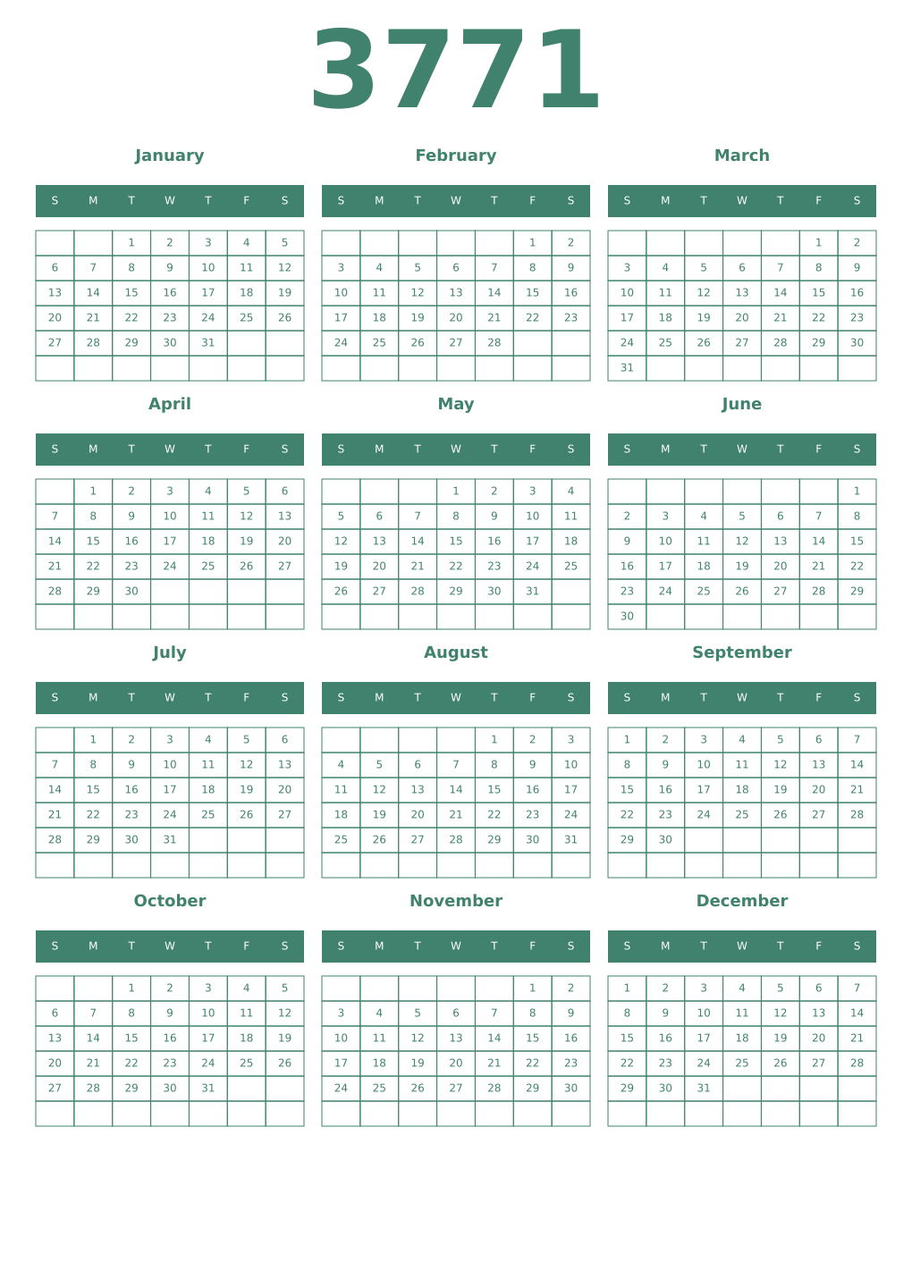 Printable 3771 Year Calendars viridian