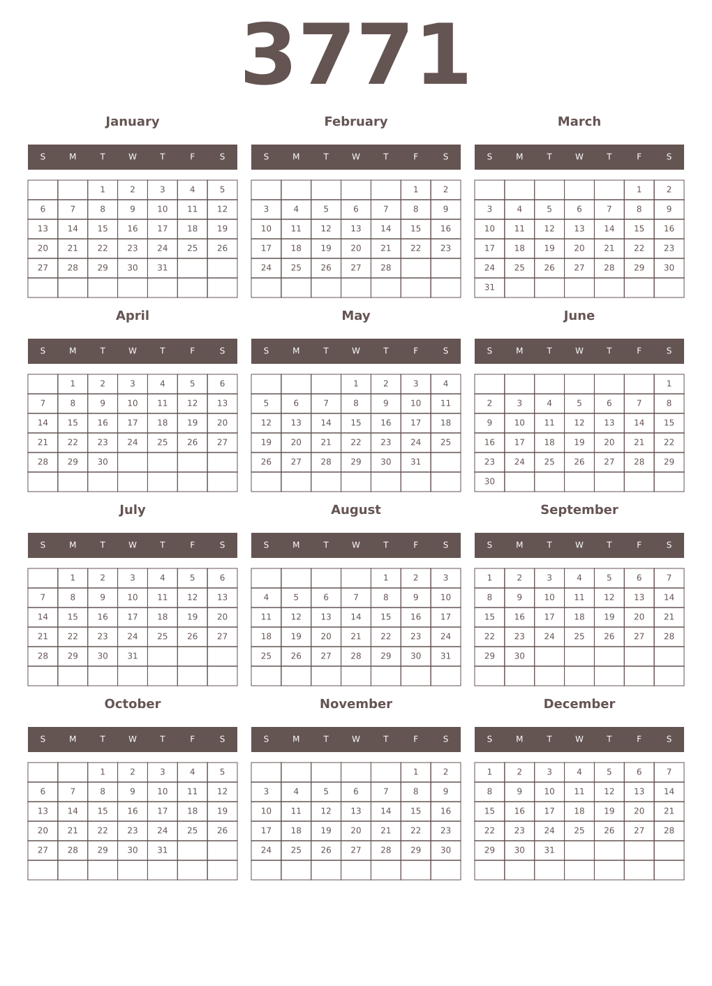 Printable 3771 Year Calendars wenge