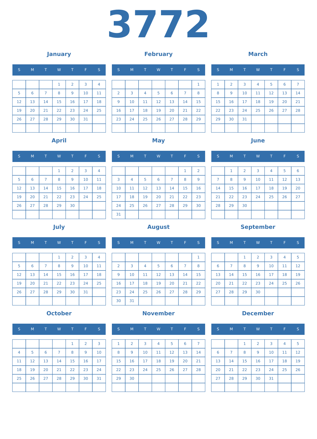 Printable 3772 Year Calendars blue