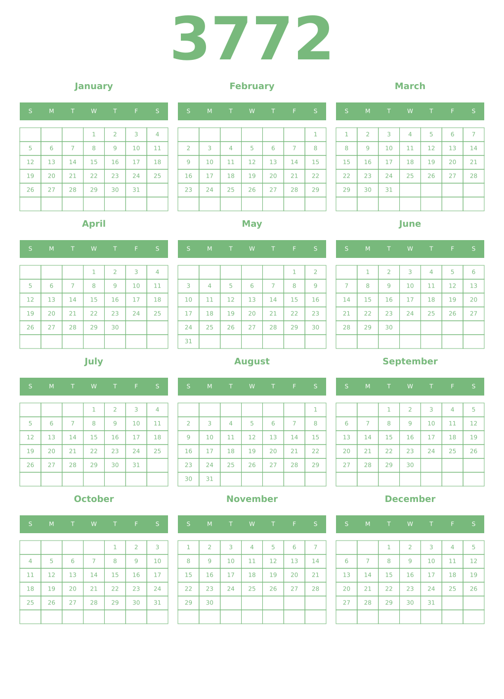 Printable 3772 Year Calendars celadon