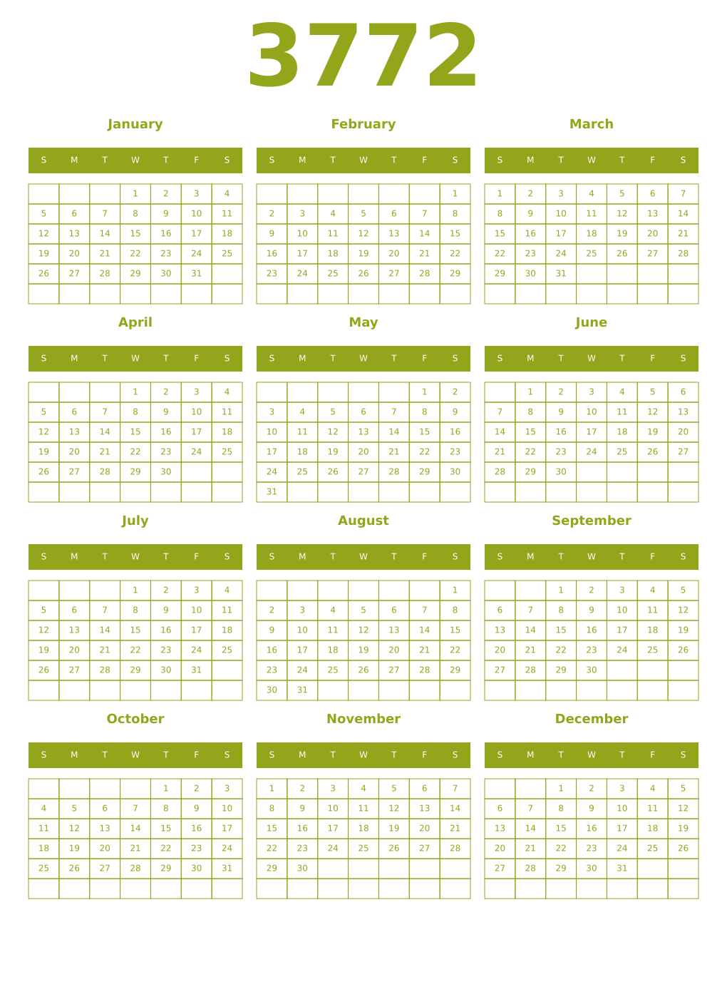 Printable 3772 Year Calendars chartreuse