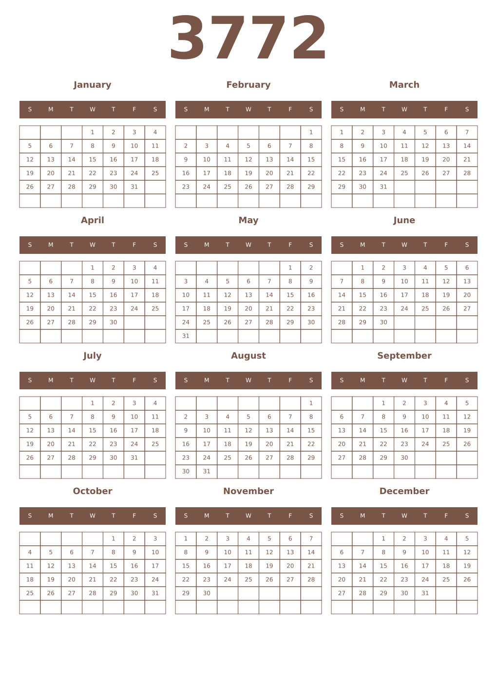 Printable 3772 Year Calendars coffe
