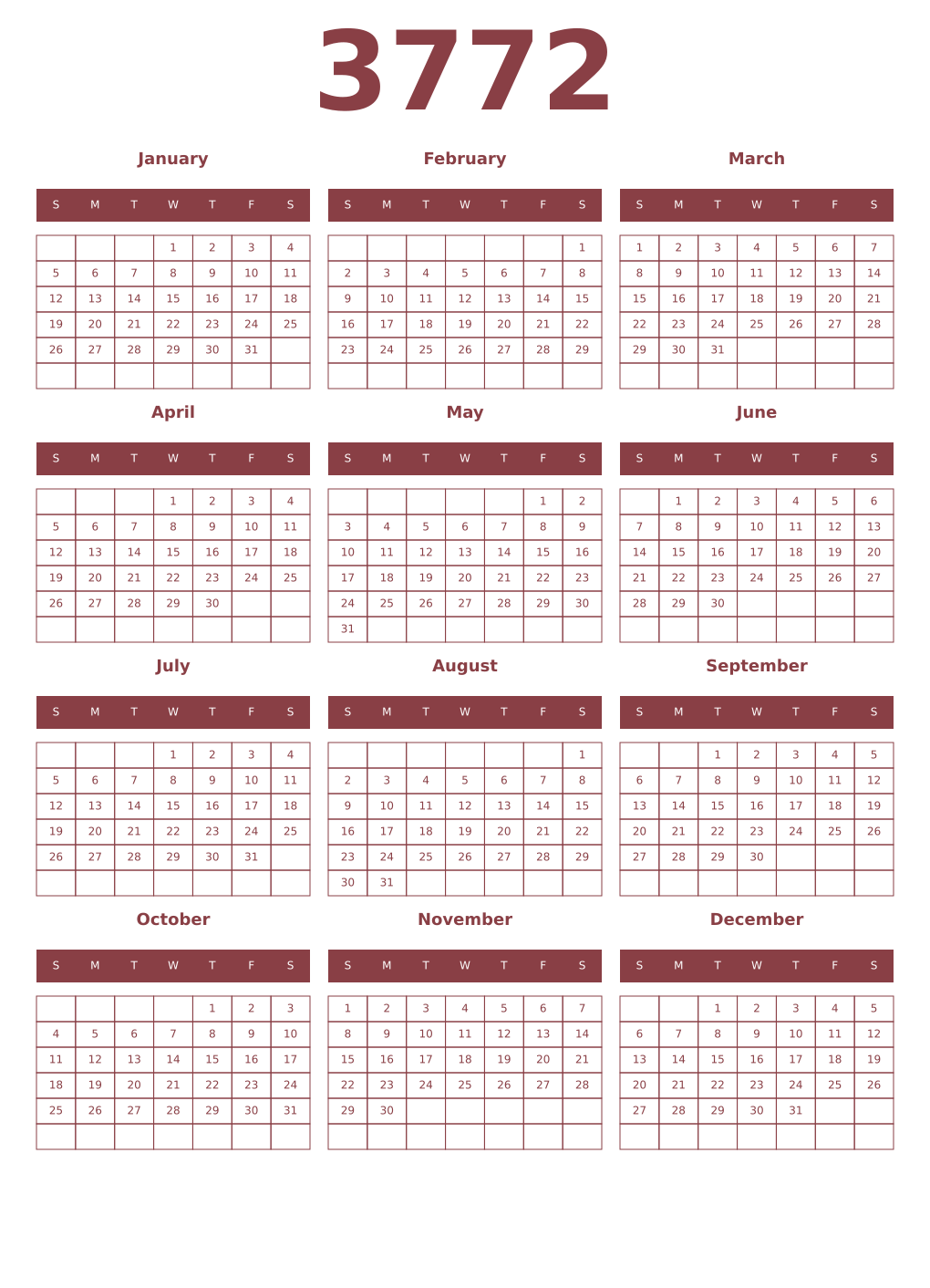 Printable 3772 Year Calendars cordovan