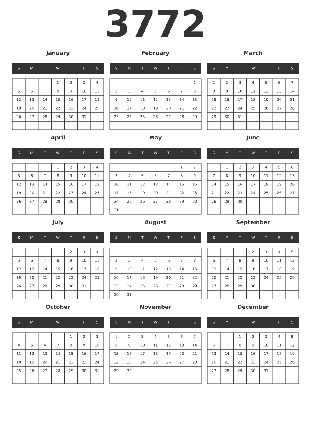 Printable 3772 Year Calendars dark