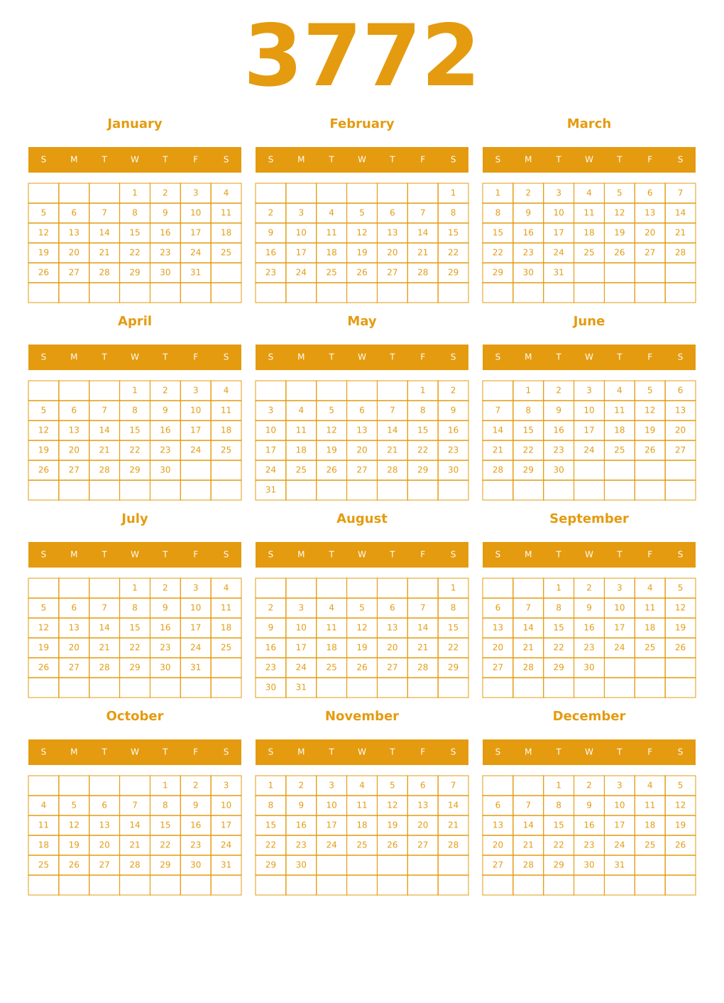 Printable 3772 Year Calendars gamboge