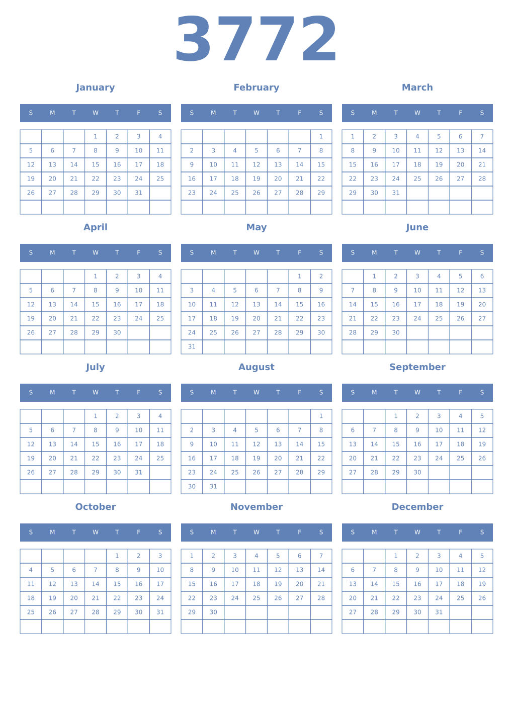 Printable 3772 Year Calendars glaucous