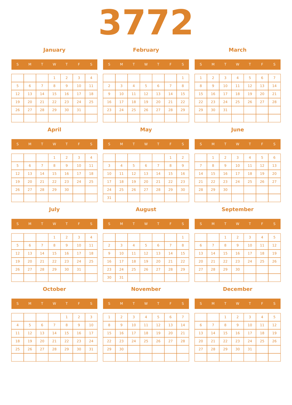 Printable 3772 Year Calendars orange