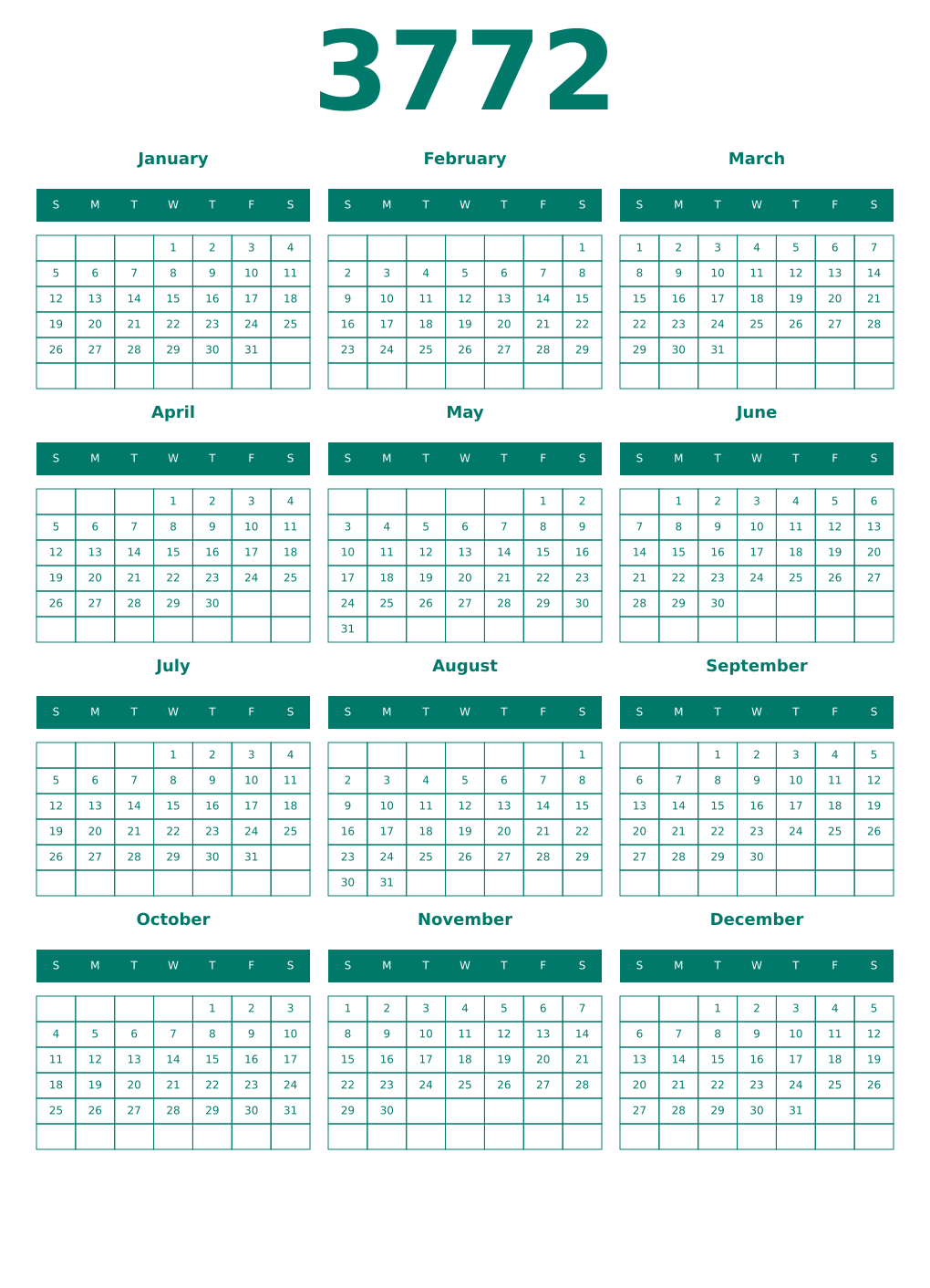 Printable 3772 Year Calendars pastel