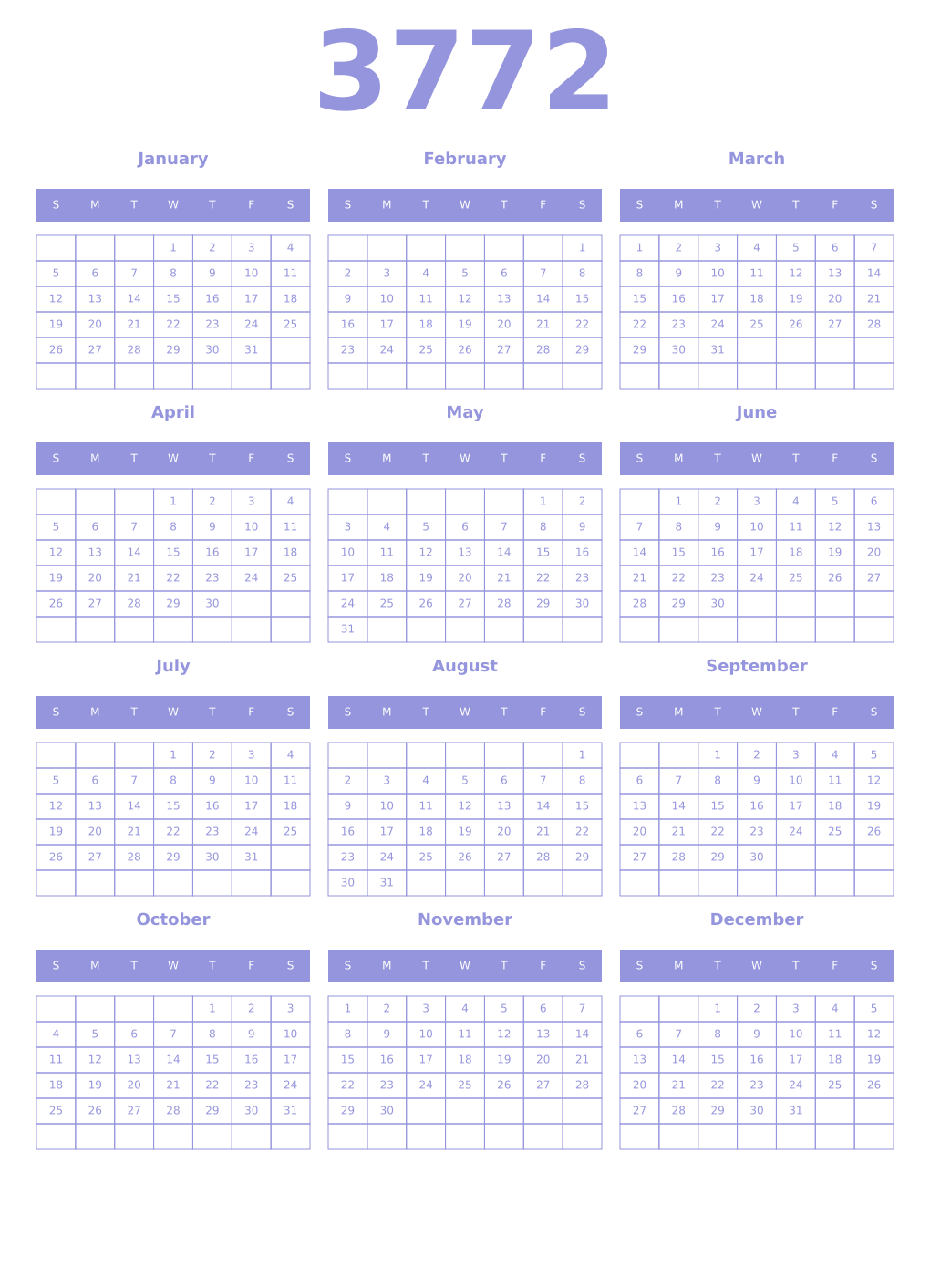 Printable 3772 Year Calendars periwinkle