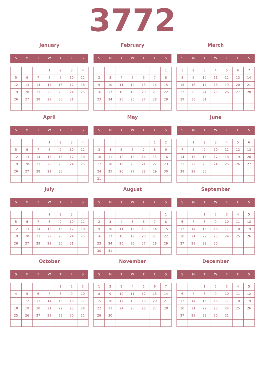 Printable 3772 Year Calendars puce