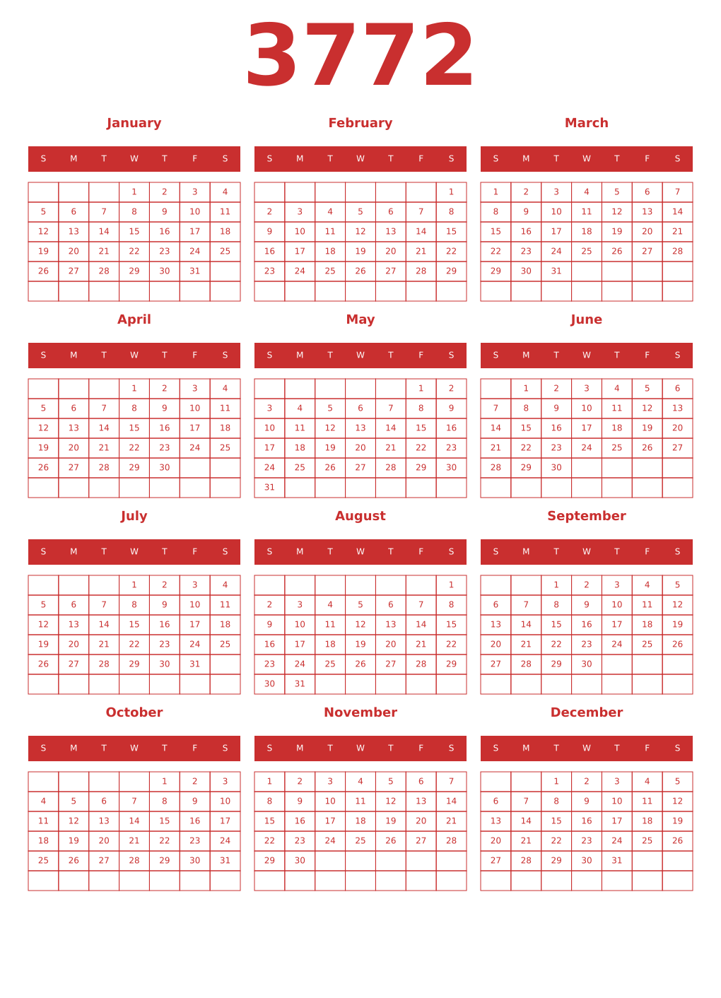 Printable 3772 Year Calendars red