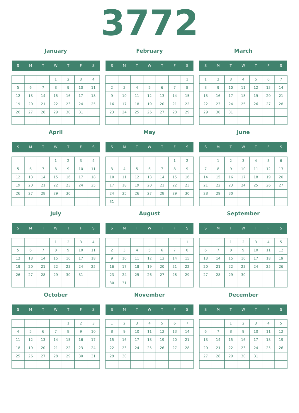 Printable 3772 Year Calendars viridian