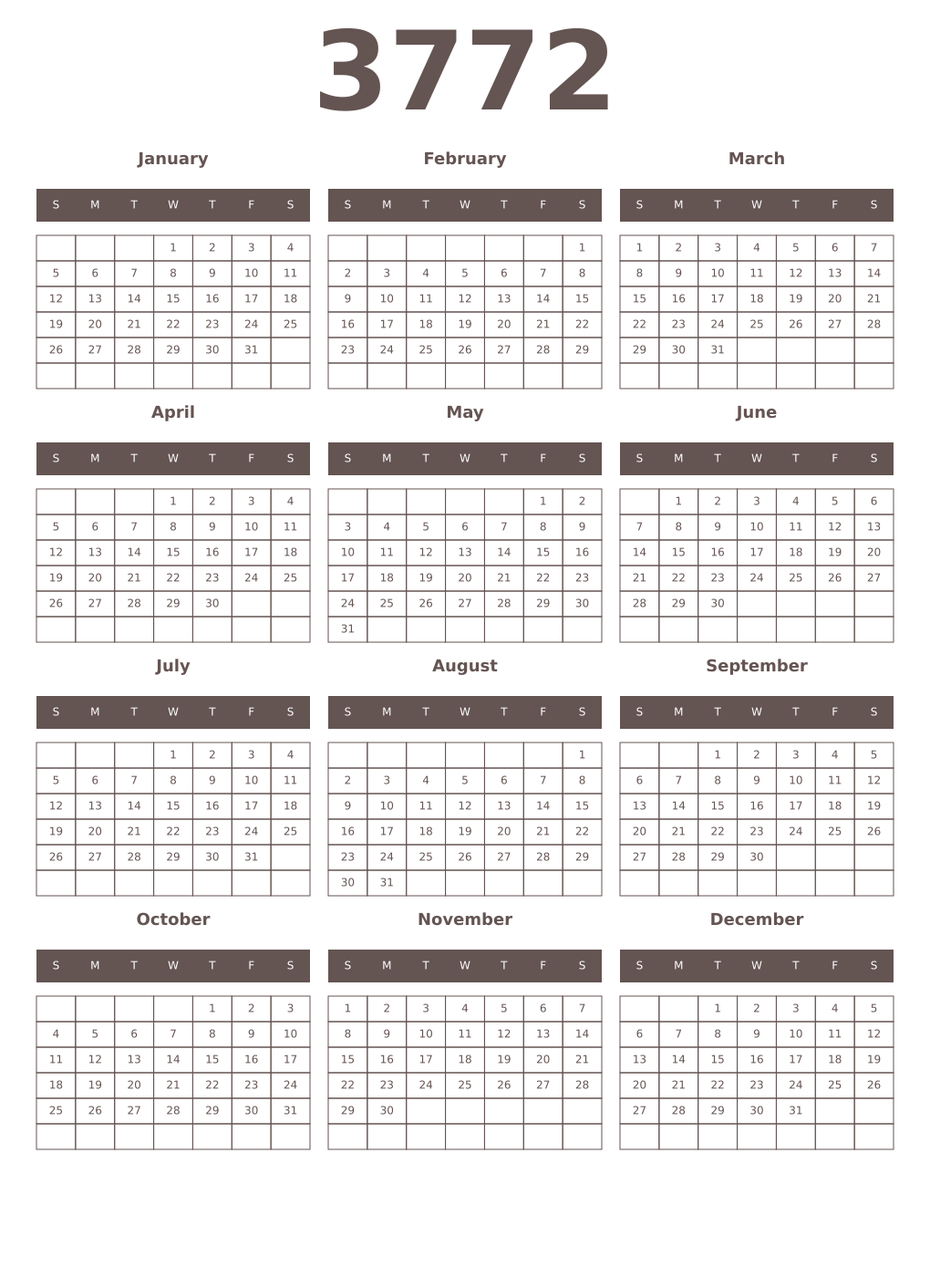 Printable 3772 Year Calendars wenge