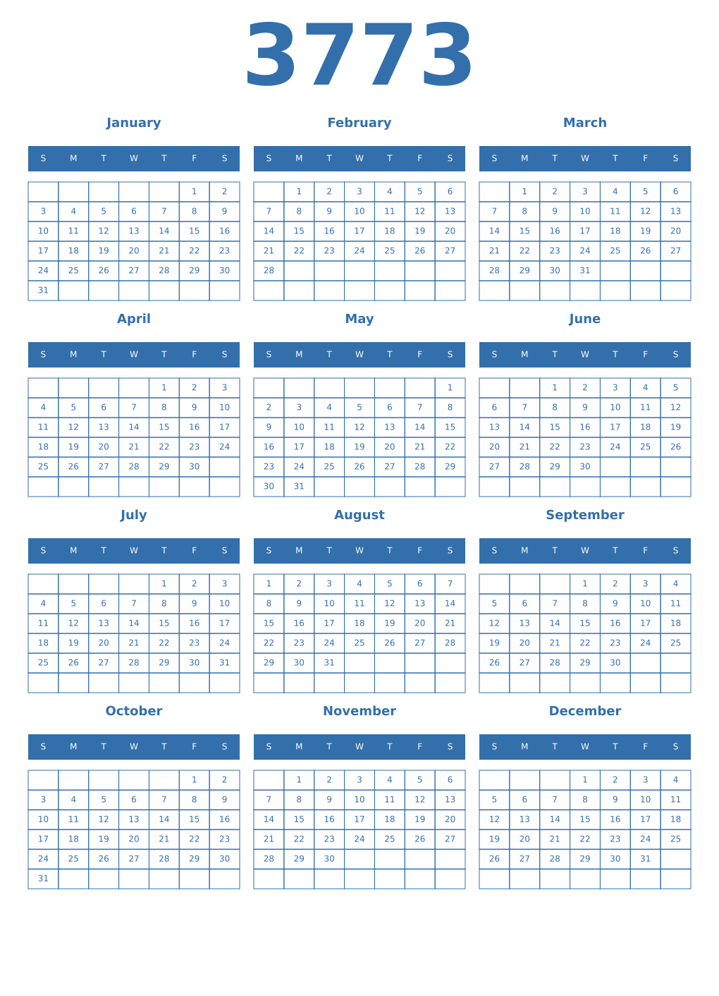Printable 3773 Year Calendars blue