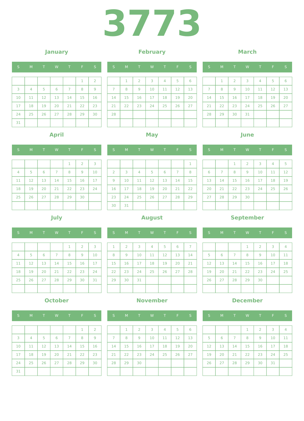 Printable 3773 Year Calendars celadon