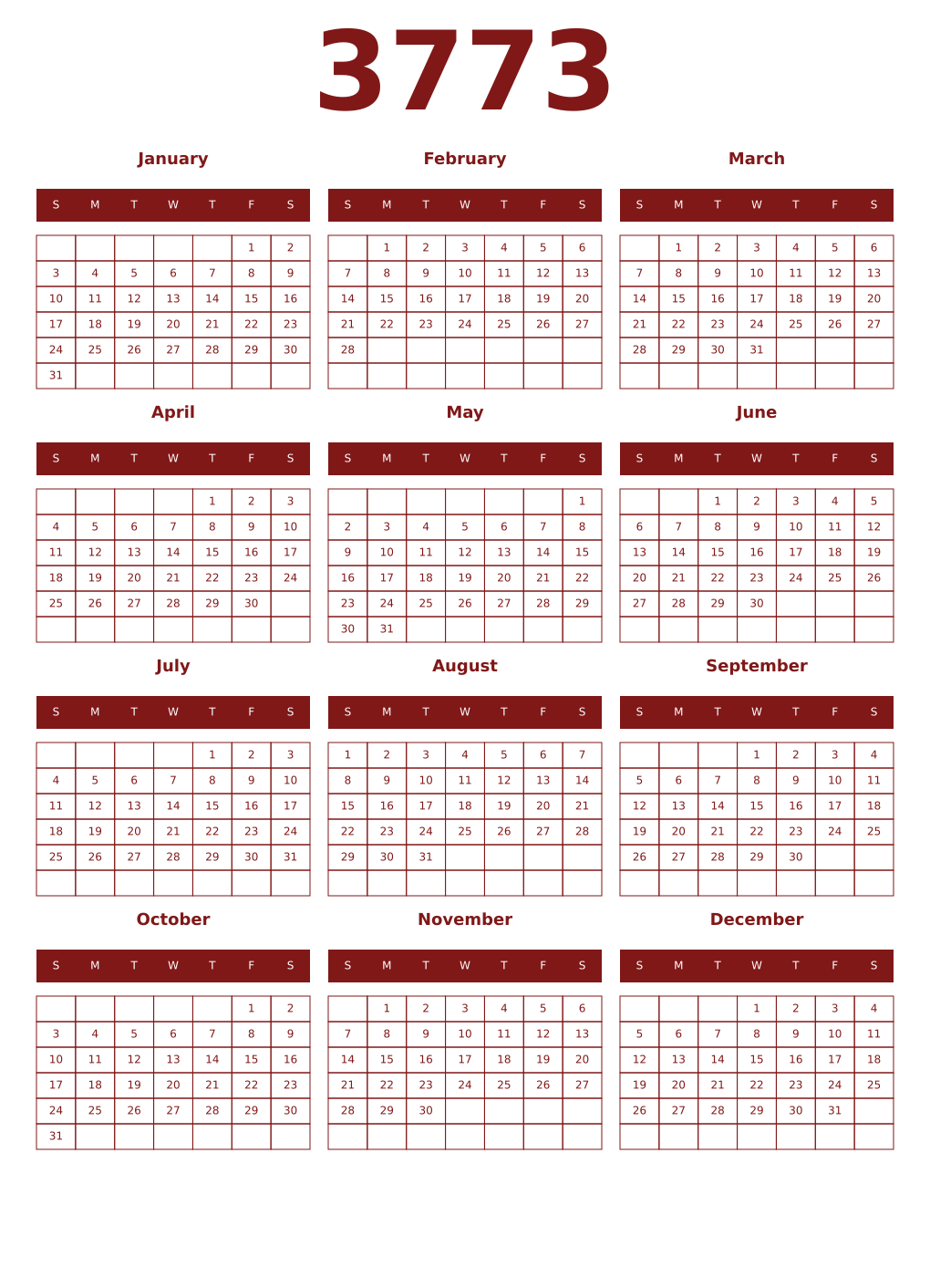 Printable 3773 Year Calendars falu