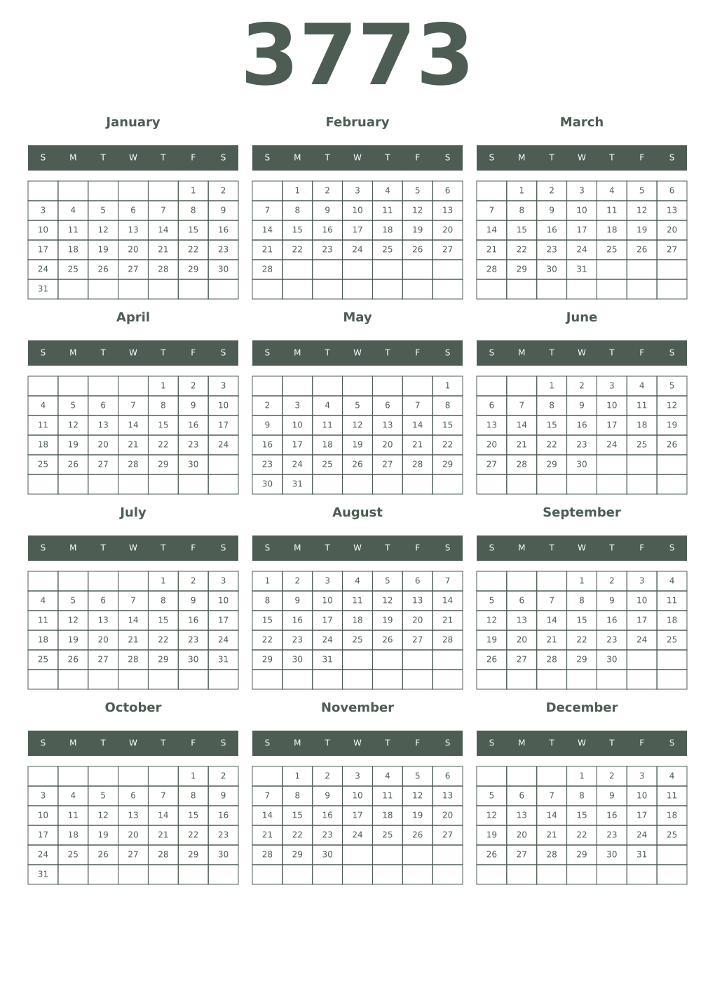 Printable 3773 Year Calendars feldgrau