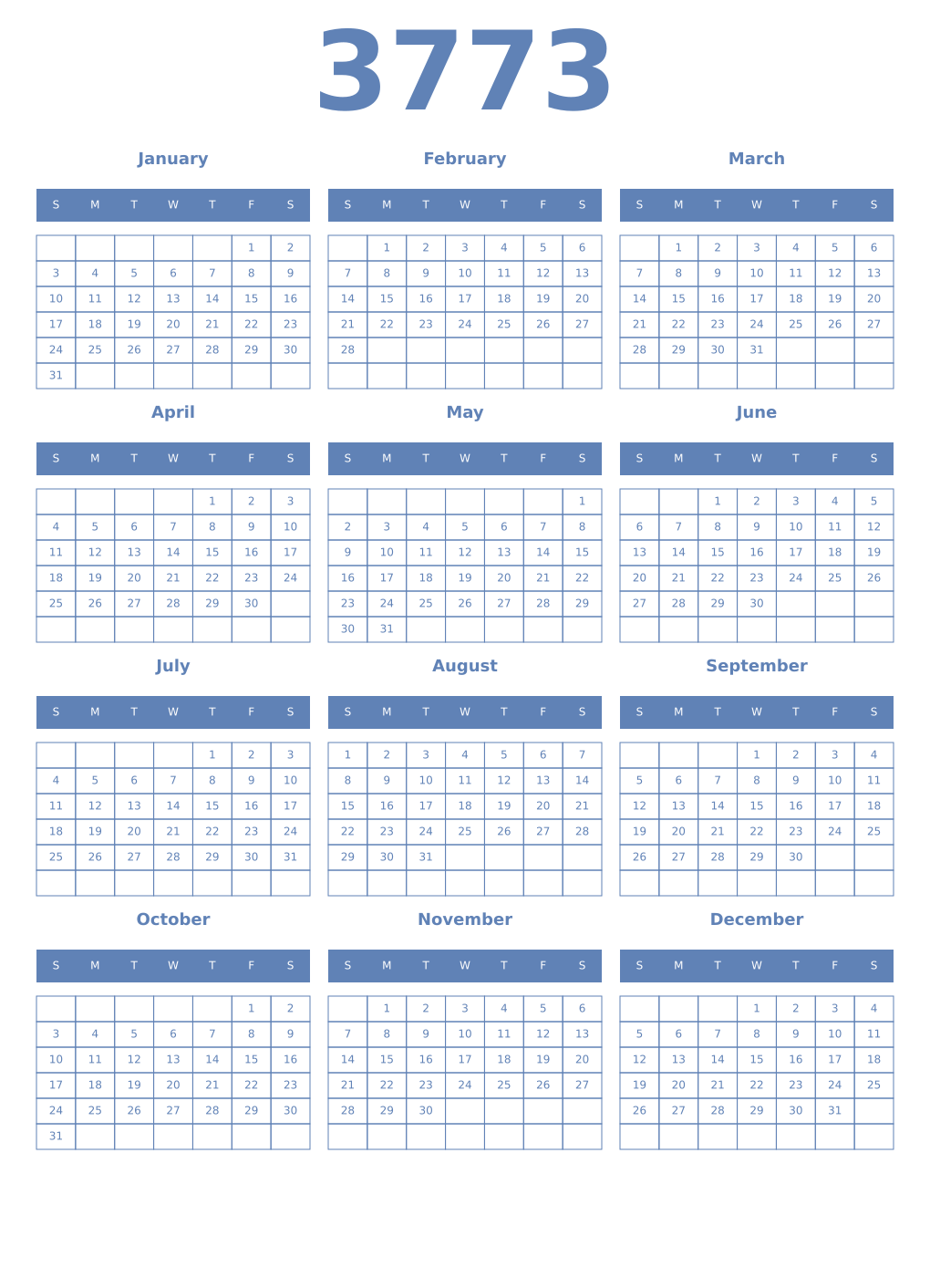 Printable 3773 Year Calendars glaucous