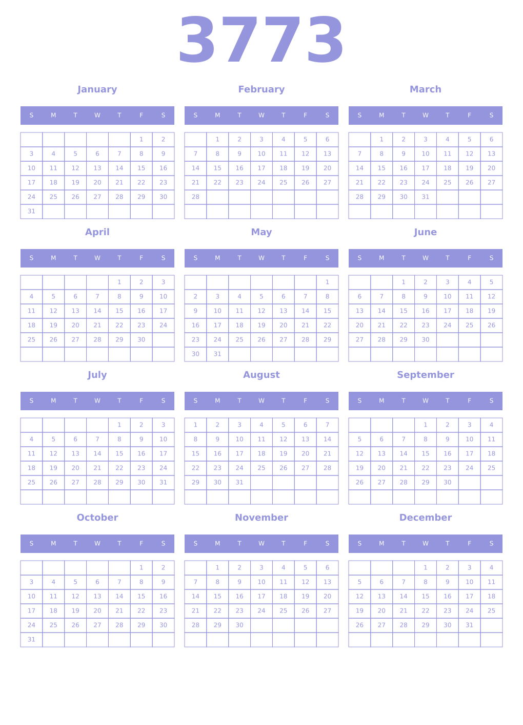 Printable 3773 Year Calendars periwinkle