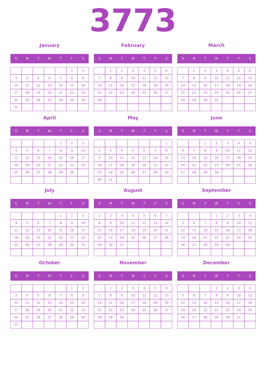 Printable 3773 Year Calendars purple