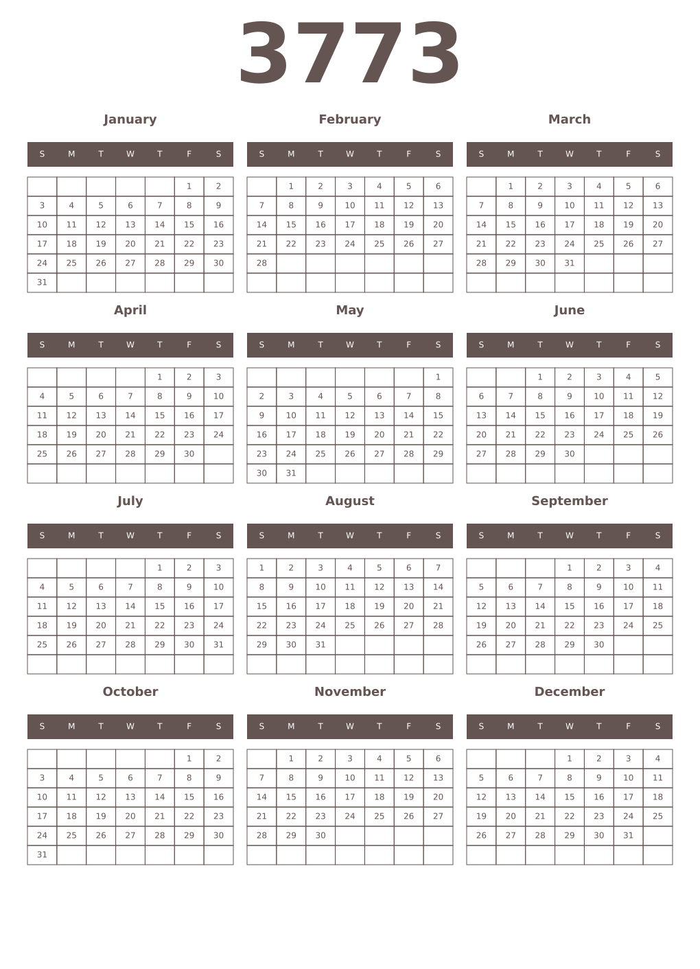 Printable 3773 Year Calendars wenge