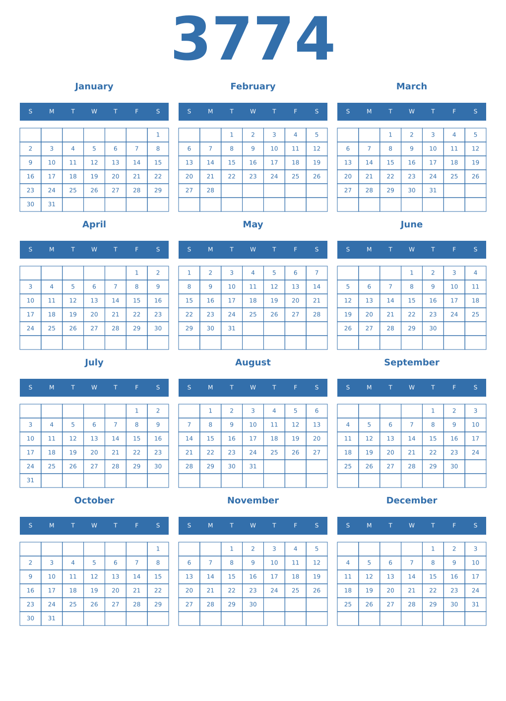 Printable 3774 Year Calendars blue