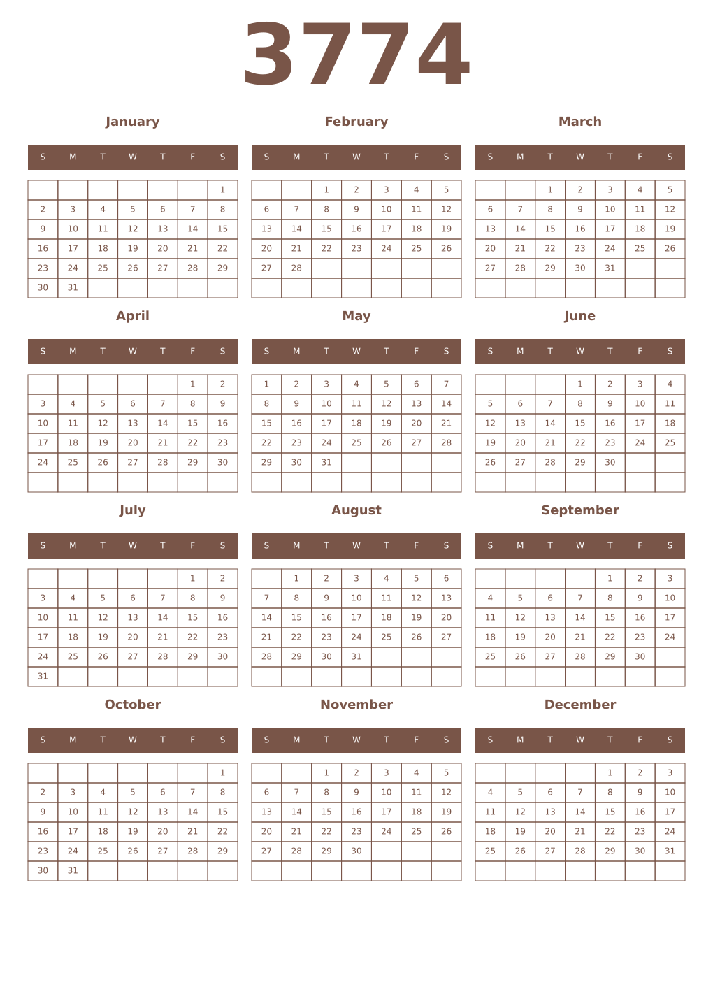 Printable 3774 Year Calendars coffe