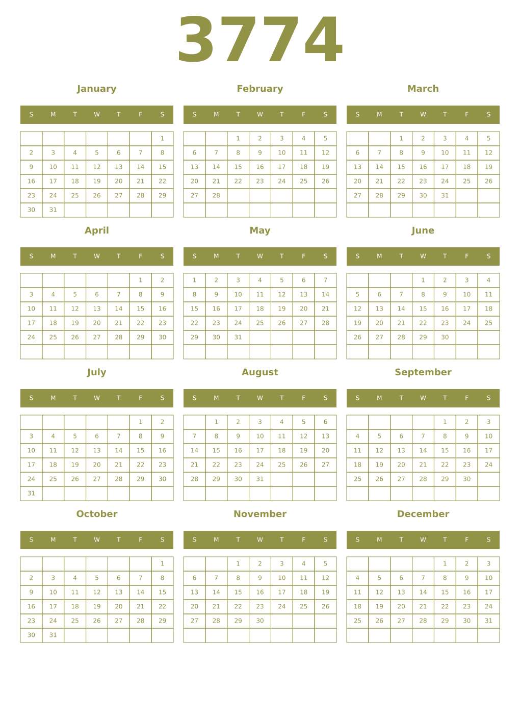 Printable 3774 Year Calendars eburnean