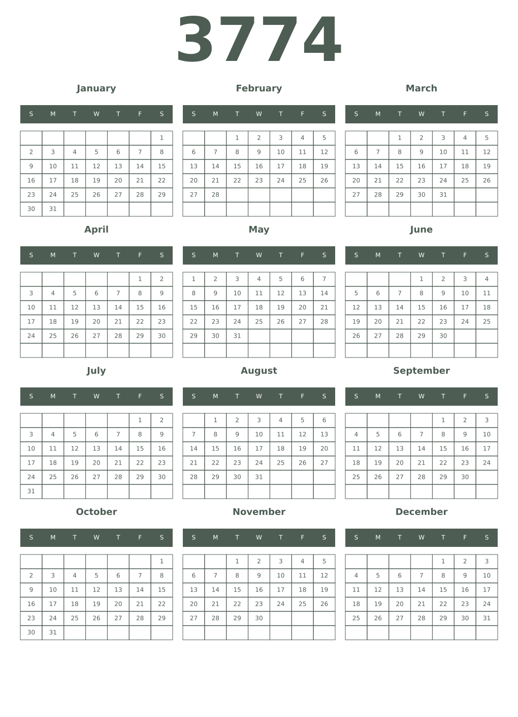 Printable 3774 Year Calendars feldgrau