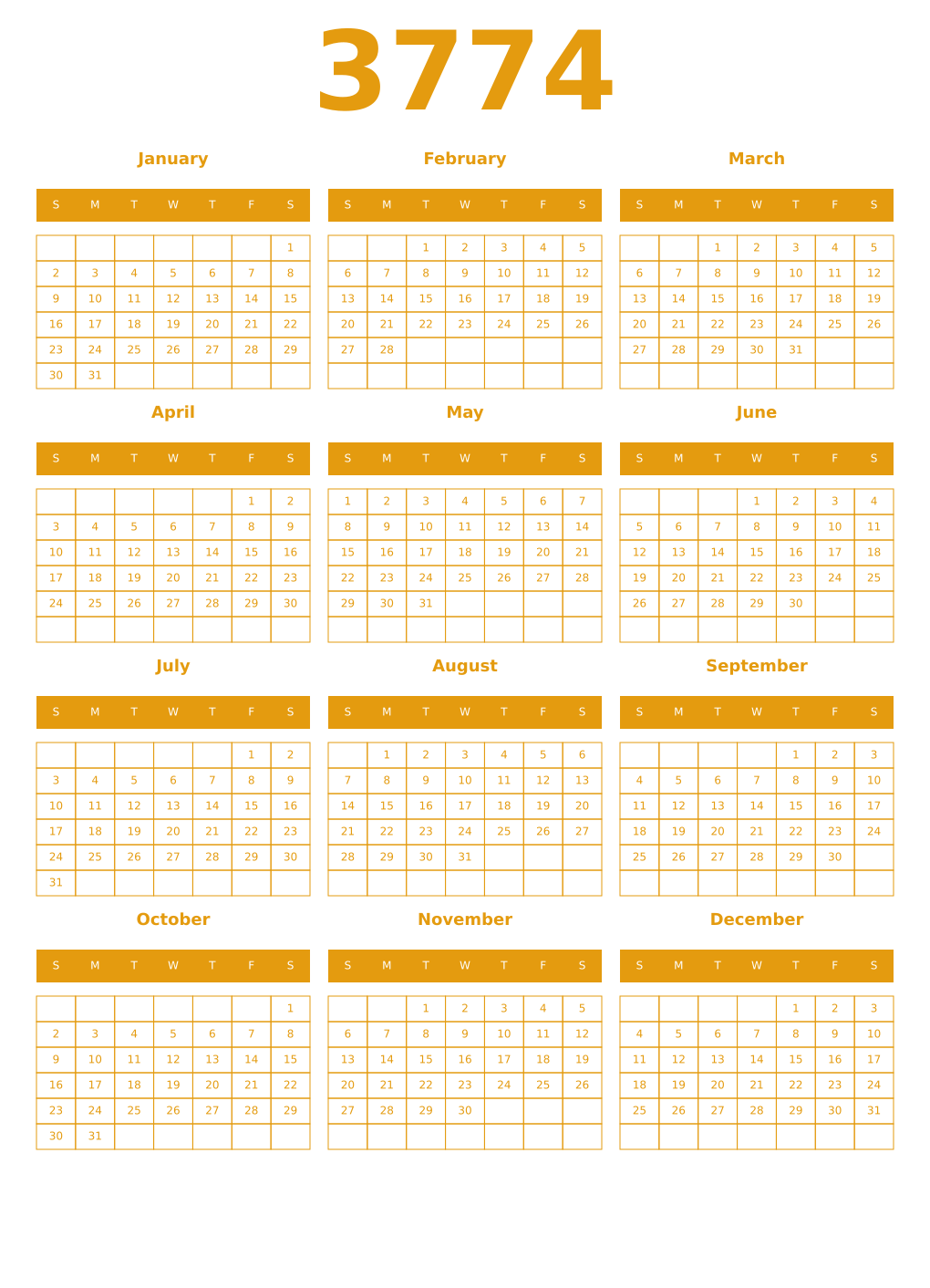 Printable 3774 Year Calendars gamboge
