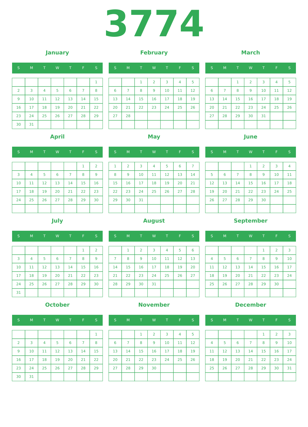 Printable 3774 Year Calendars green