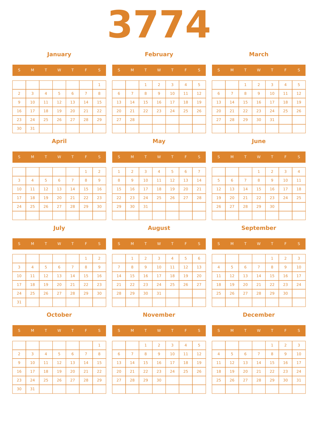 Printable 3774 Year Calendars orange