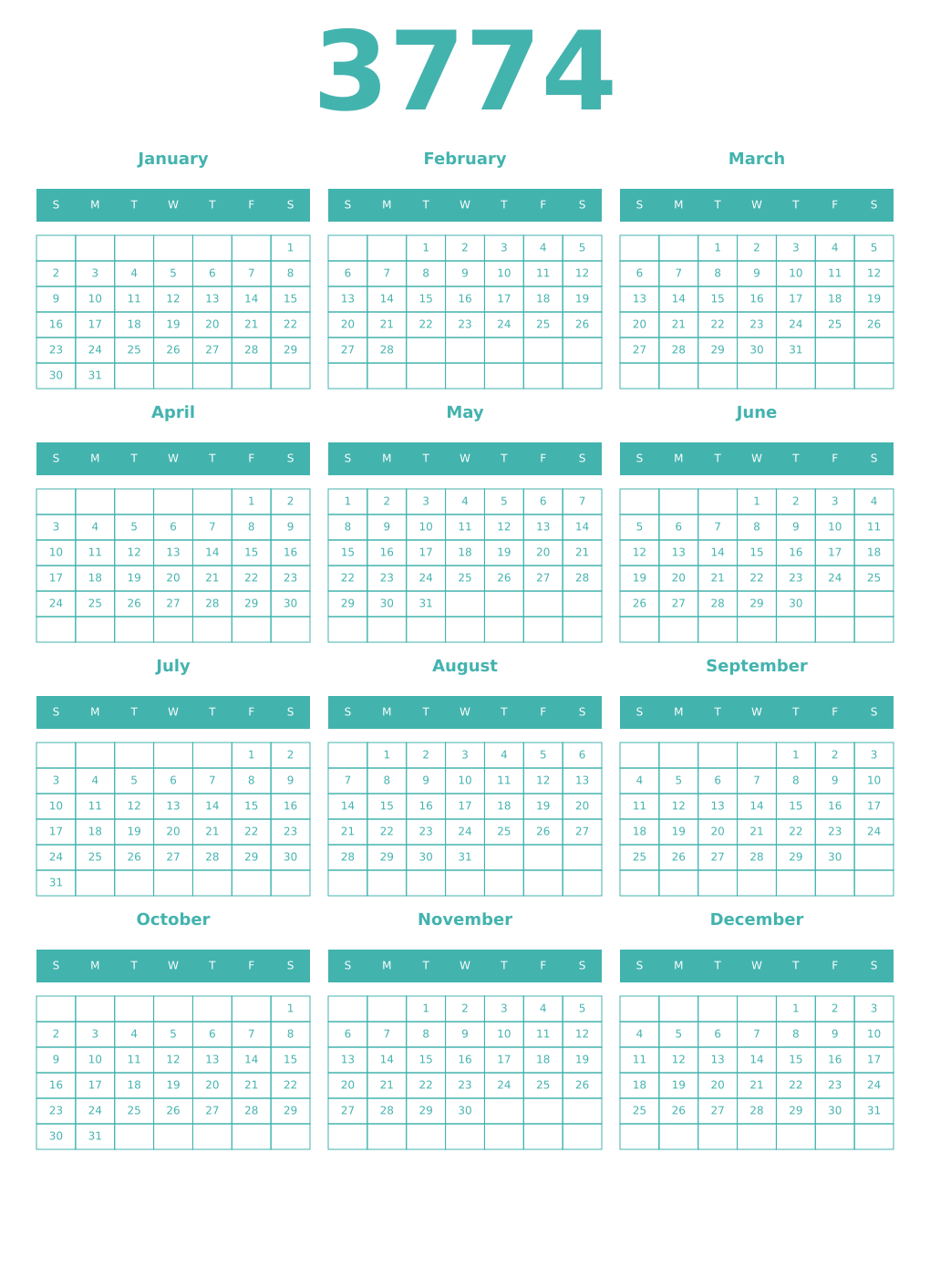 Printable 3774 Year Calendars verdigris