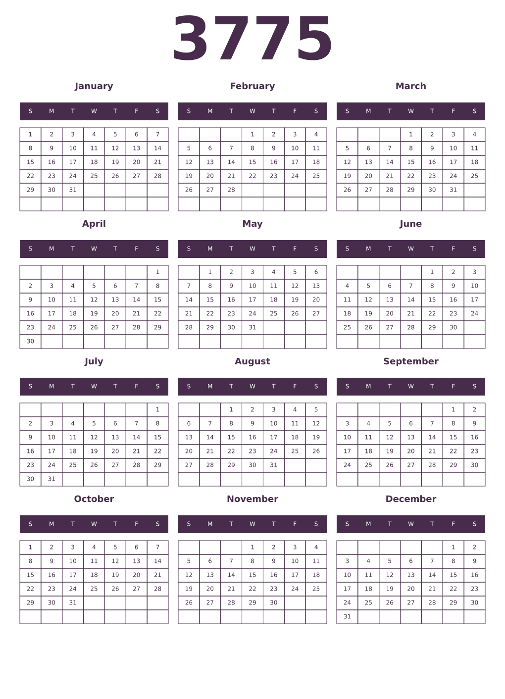 Printable 3775 Year Calendars aubergine