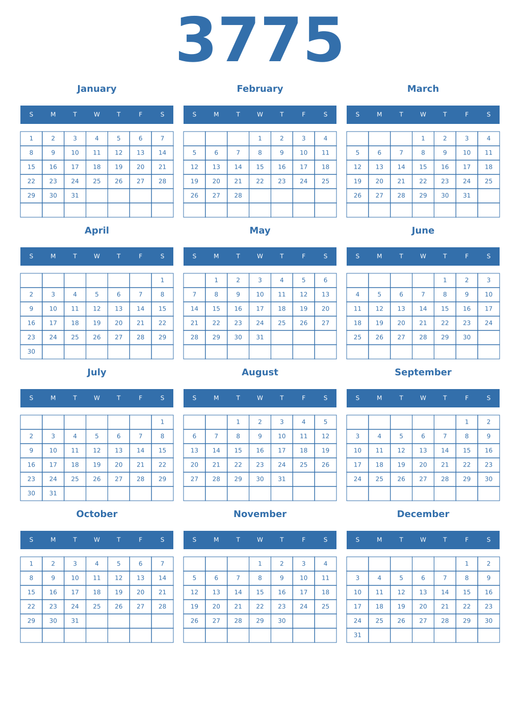 Printable 3775 Year Calendars blue