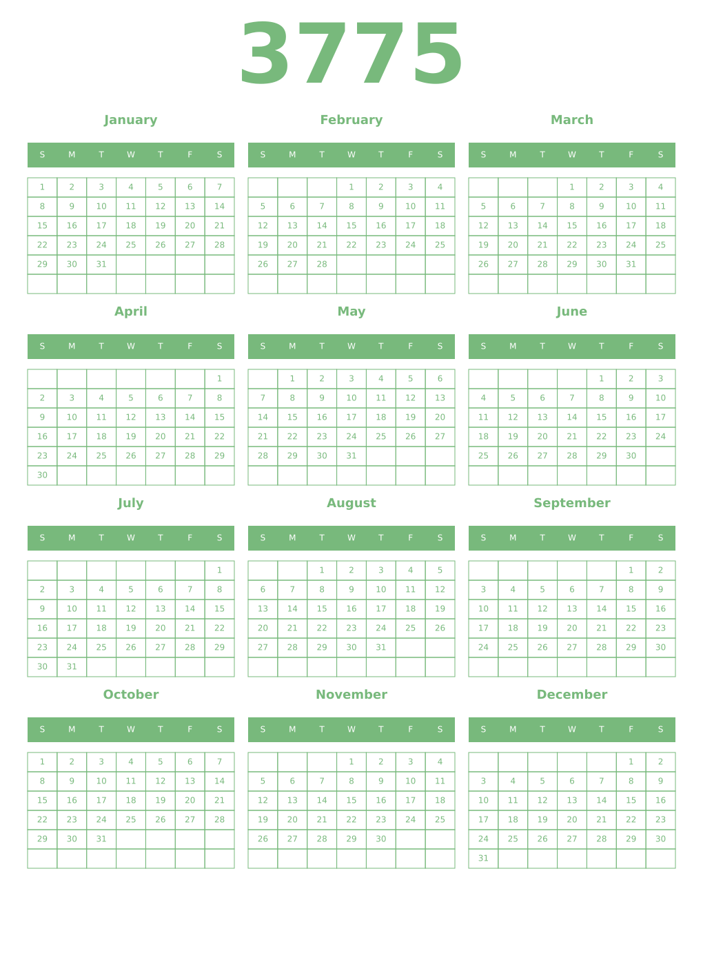 Printable 3775 Year Calendars celadon