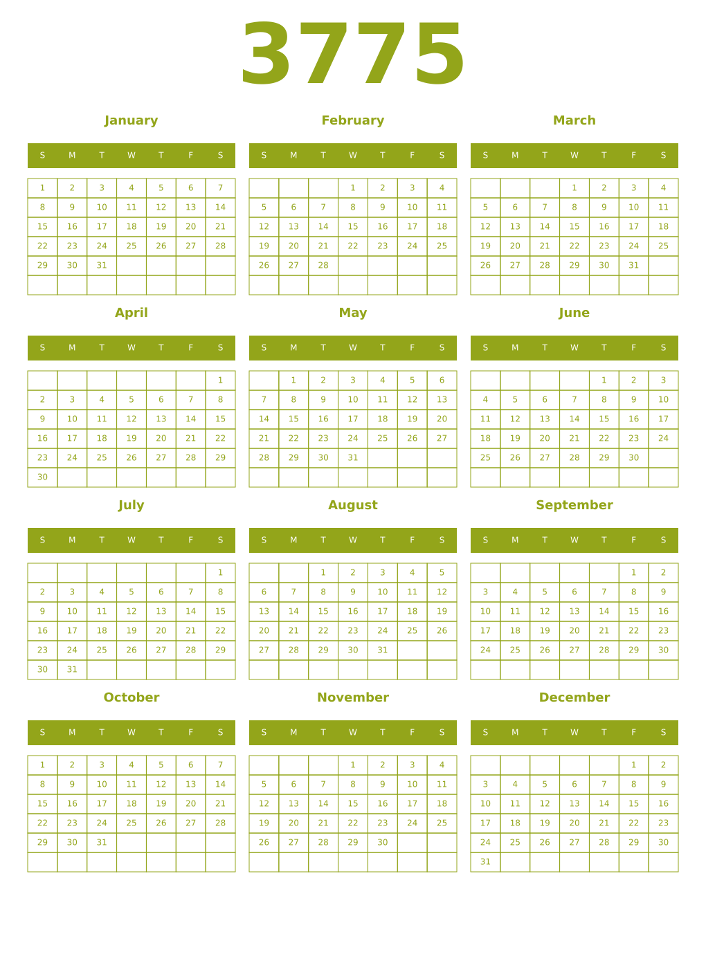 Printable 3775 Year Calendars chartreuse