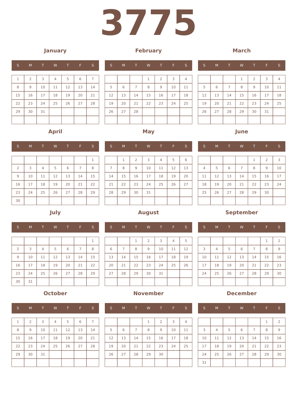 Printable 3775 Year Calendars coffe
