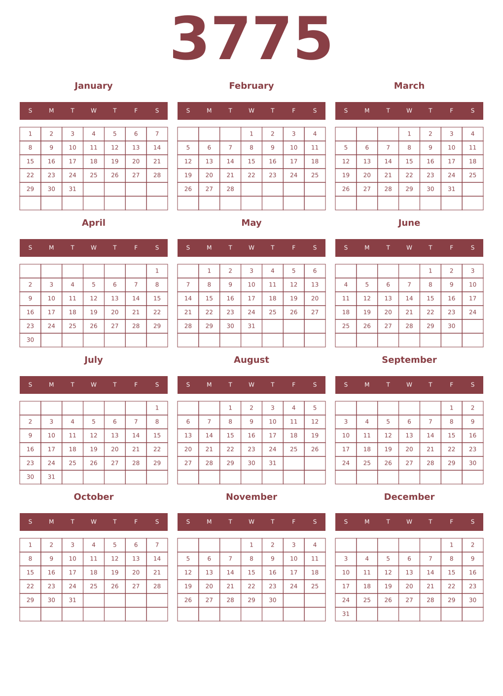 Printable 3775 Year Calendars cordovan
