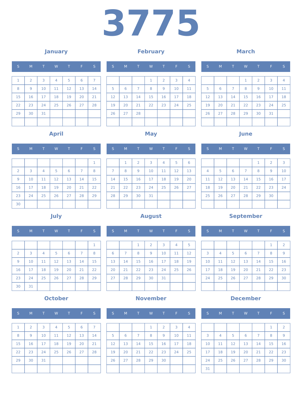Printable 3775 Year Calendars glaucous