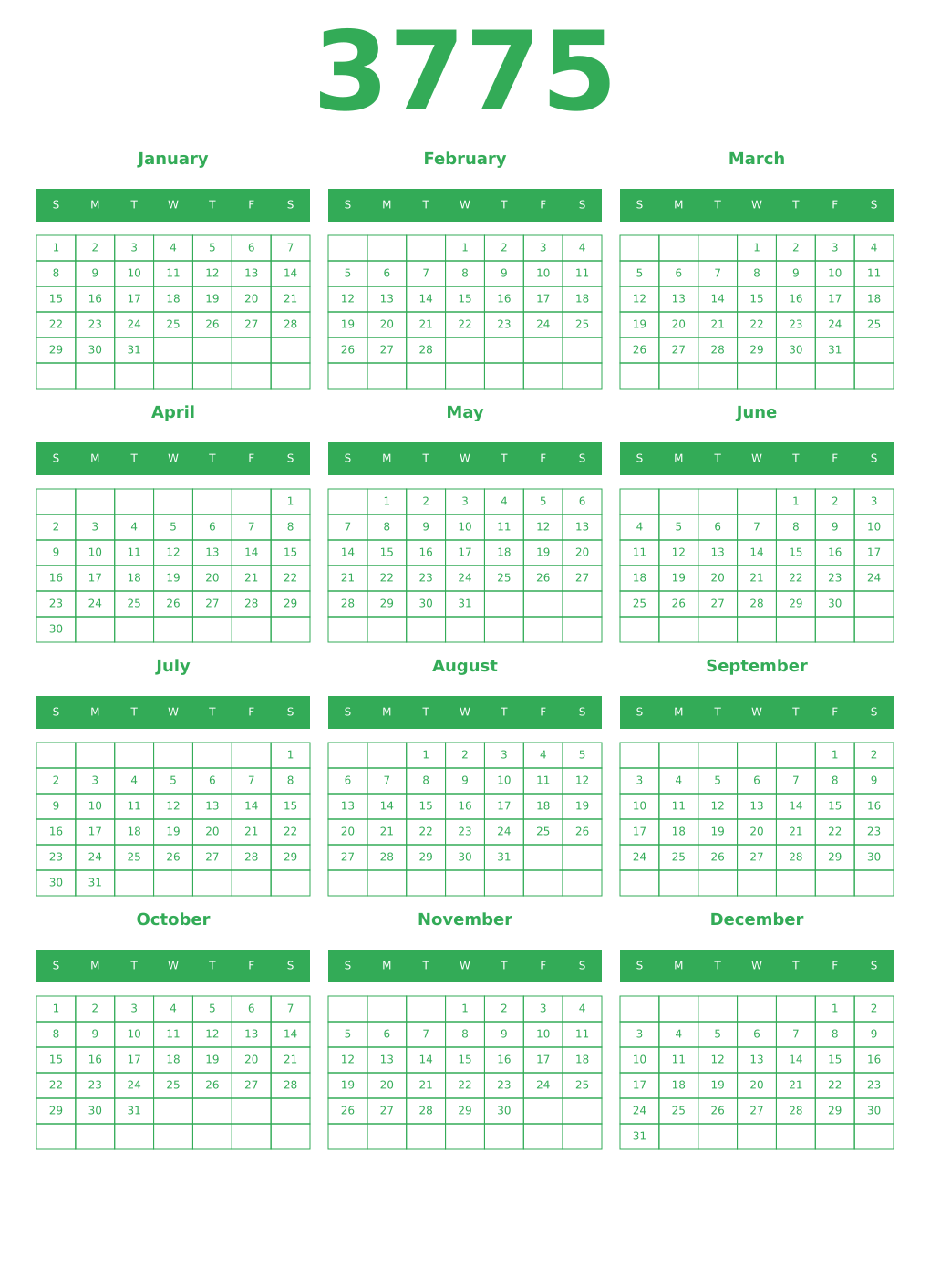 Printable 3775 Year Calendars green