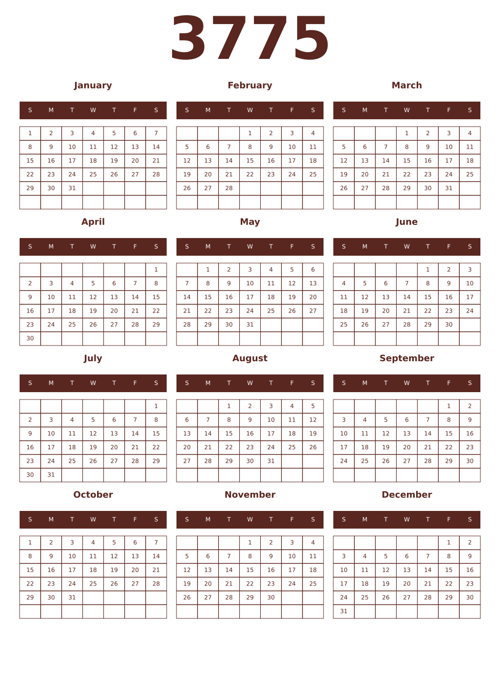Printable 3775 Year Calendars mortuum