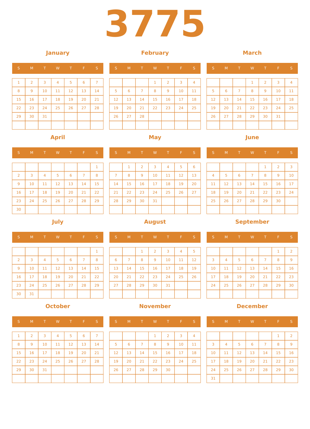 Printable 3775 Year Calendars orange