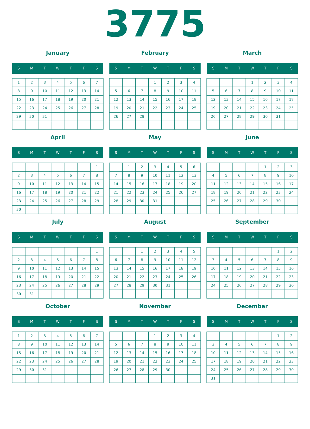 Printable 3775 Year Calendars pastel
