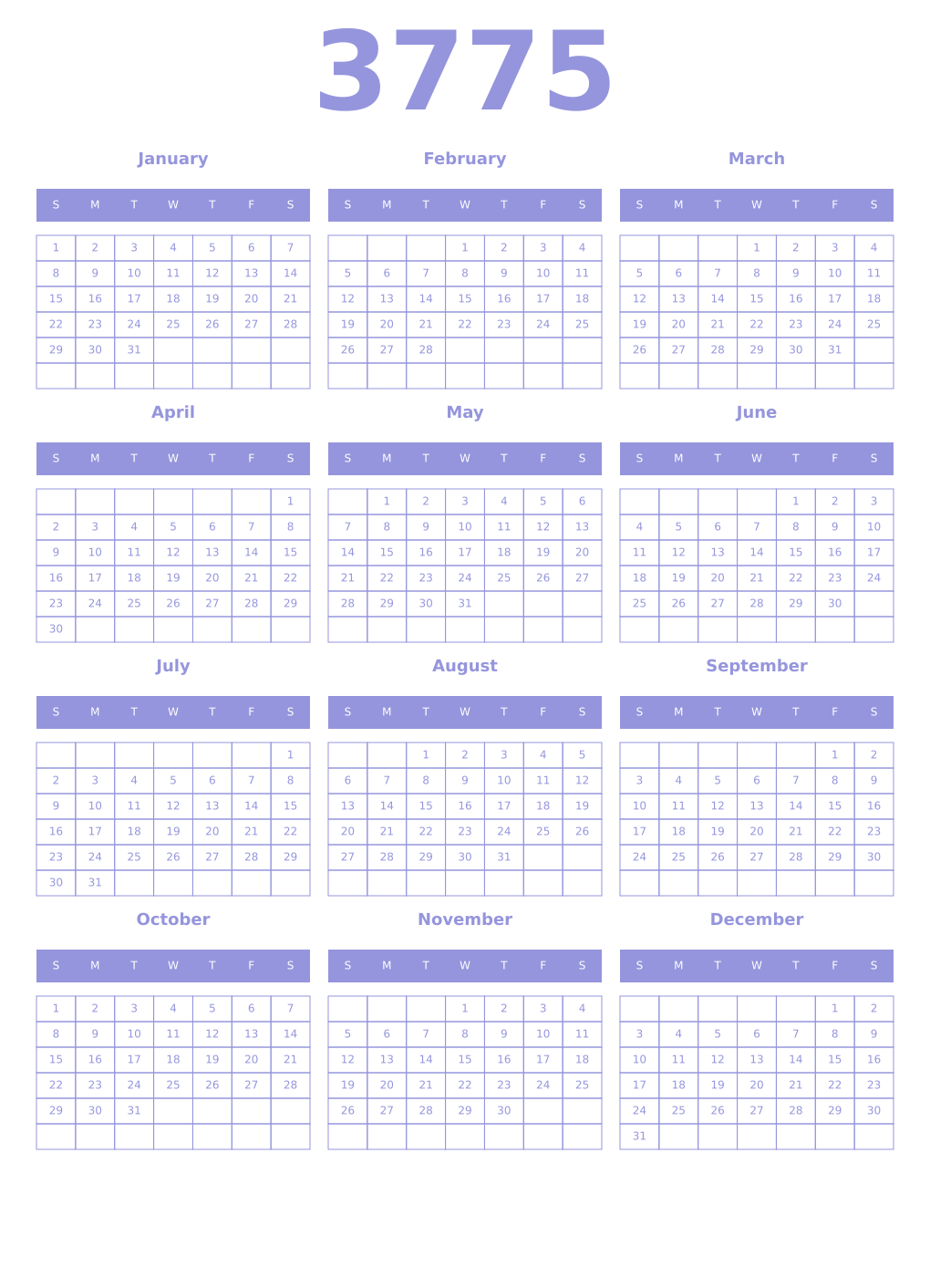 Printable 3775 Year Calendars periwinkle