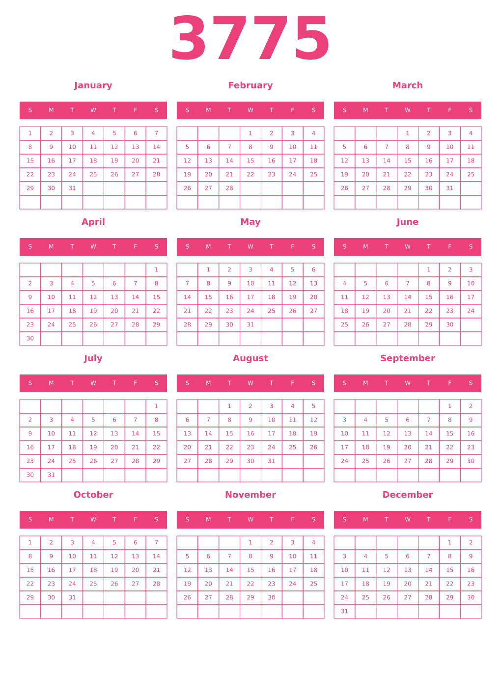 Printable 3775 Year Calendars pink