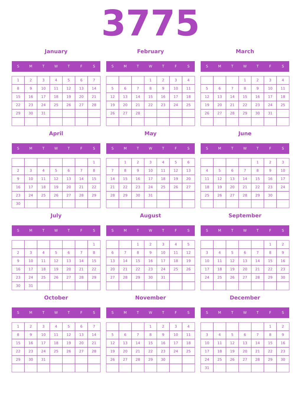 Printable 3775 Year Calendars purple